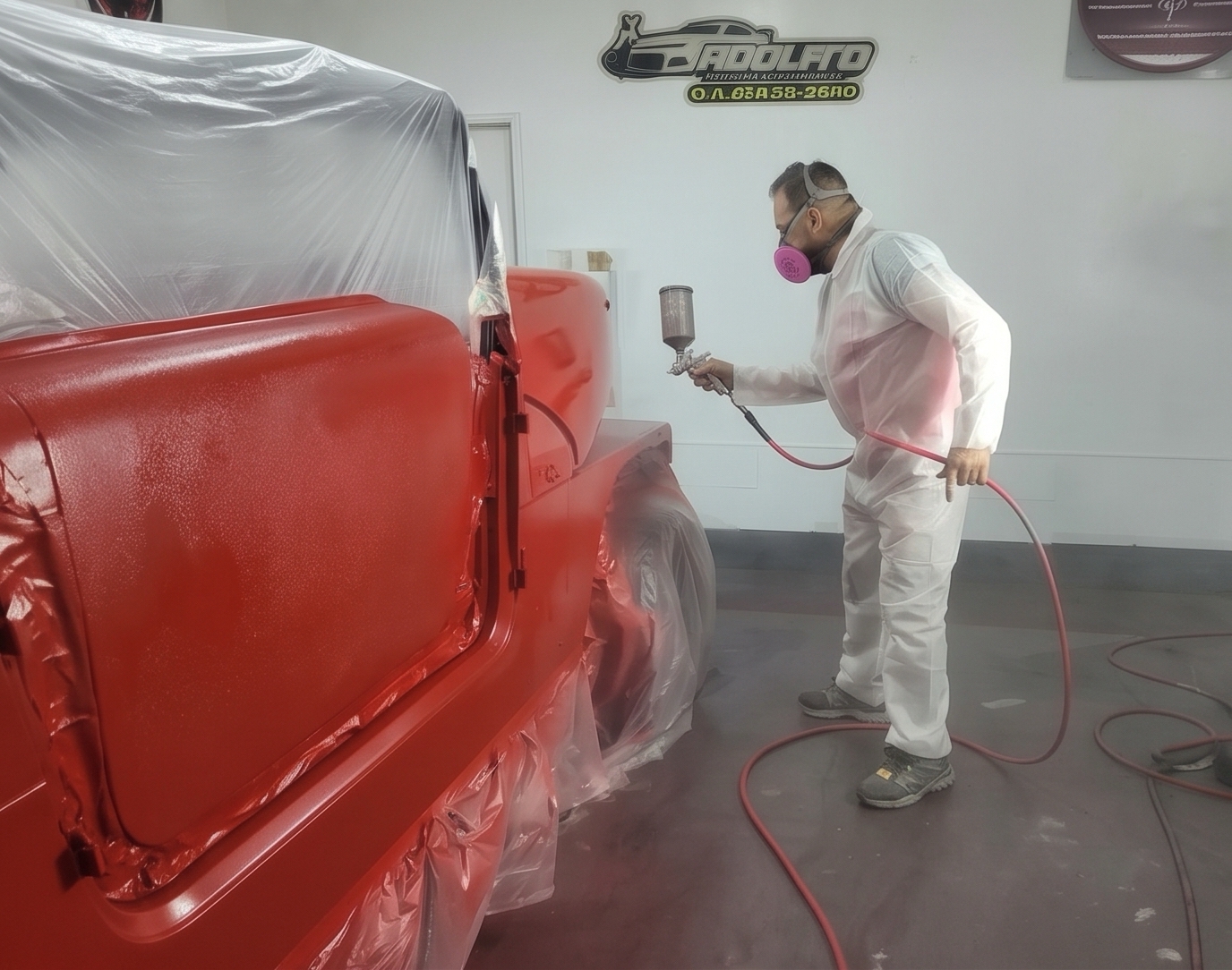 Red vehicle door jamb receiving professional spray refinishing
