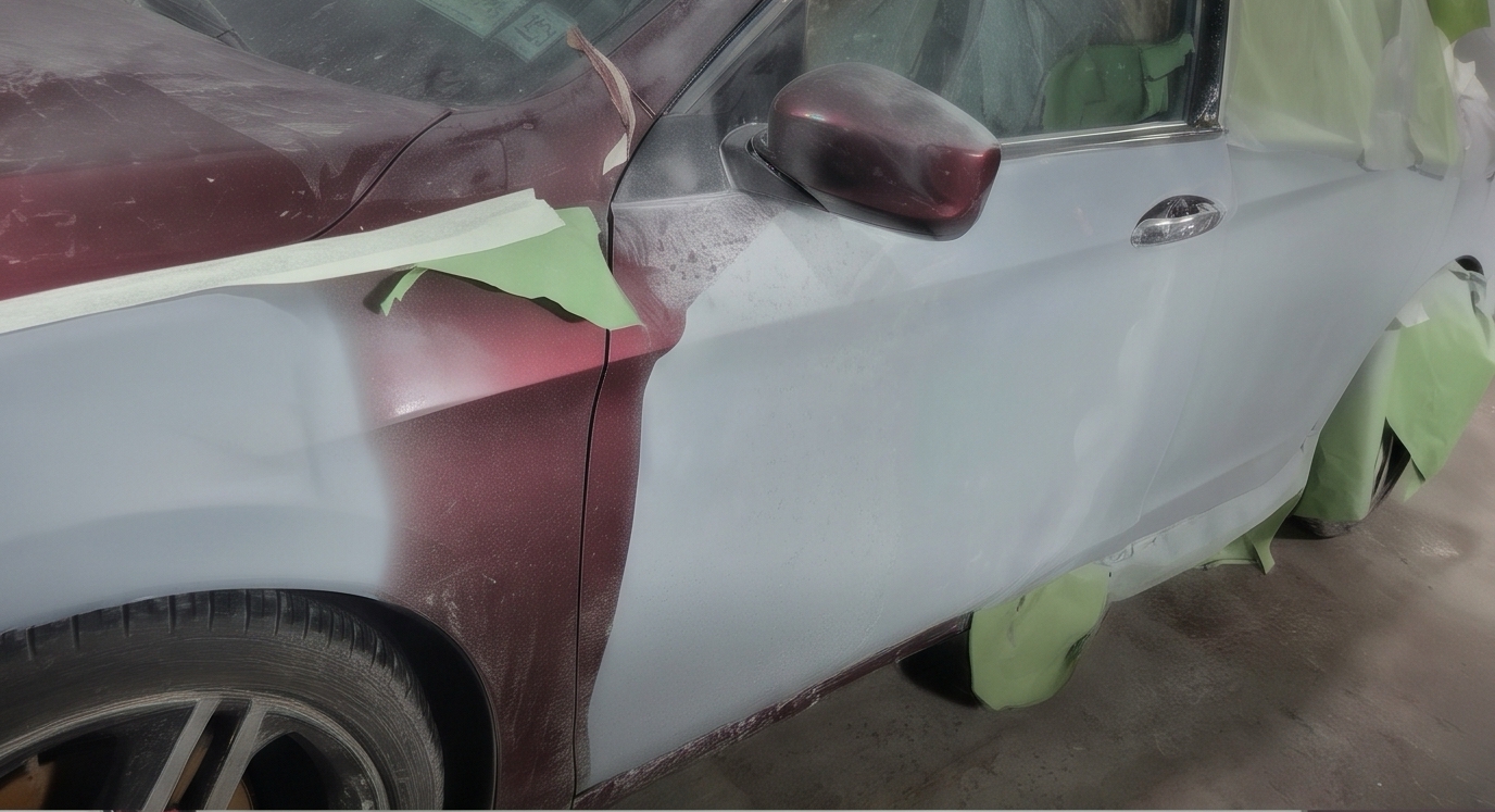 Vehicle quarter panel covered and prepared during body repair